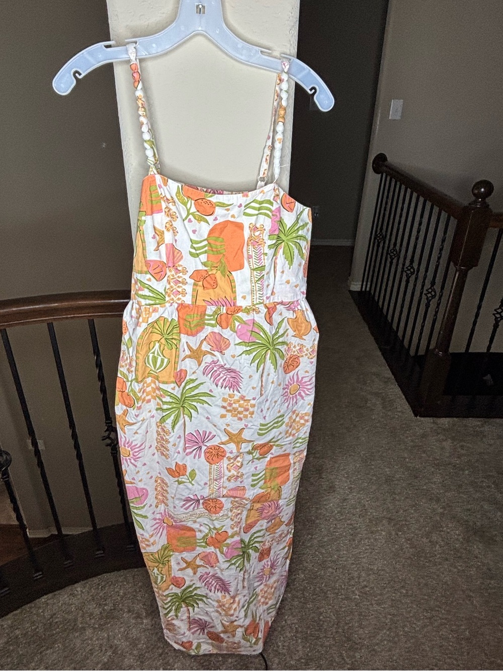 Japna White Maxi Dress with Orange & Pink Tropical Print Size XL 100% Cotton